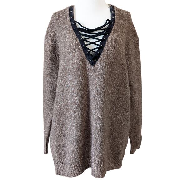 entro Sweaters - Entro Brown Knit Lace-Up V-Neck Oversized Cozy Long Sleeve Sweater Medium